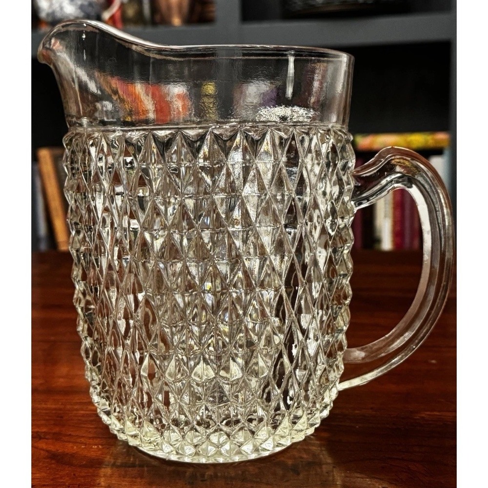 52 oz Diamond‎ Point Clear Pitcher by Indiana Glass 7⅝"H 5.25"D Pressed Glass